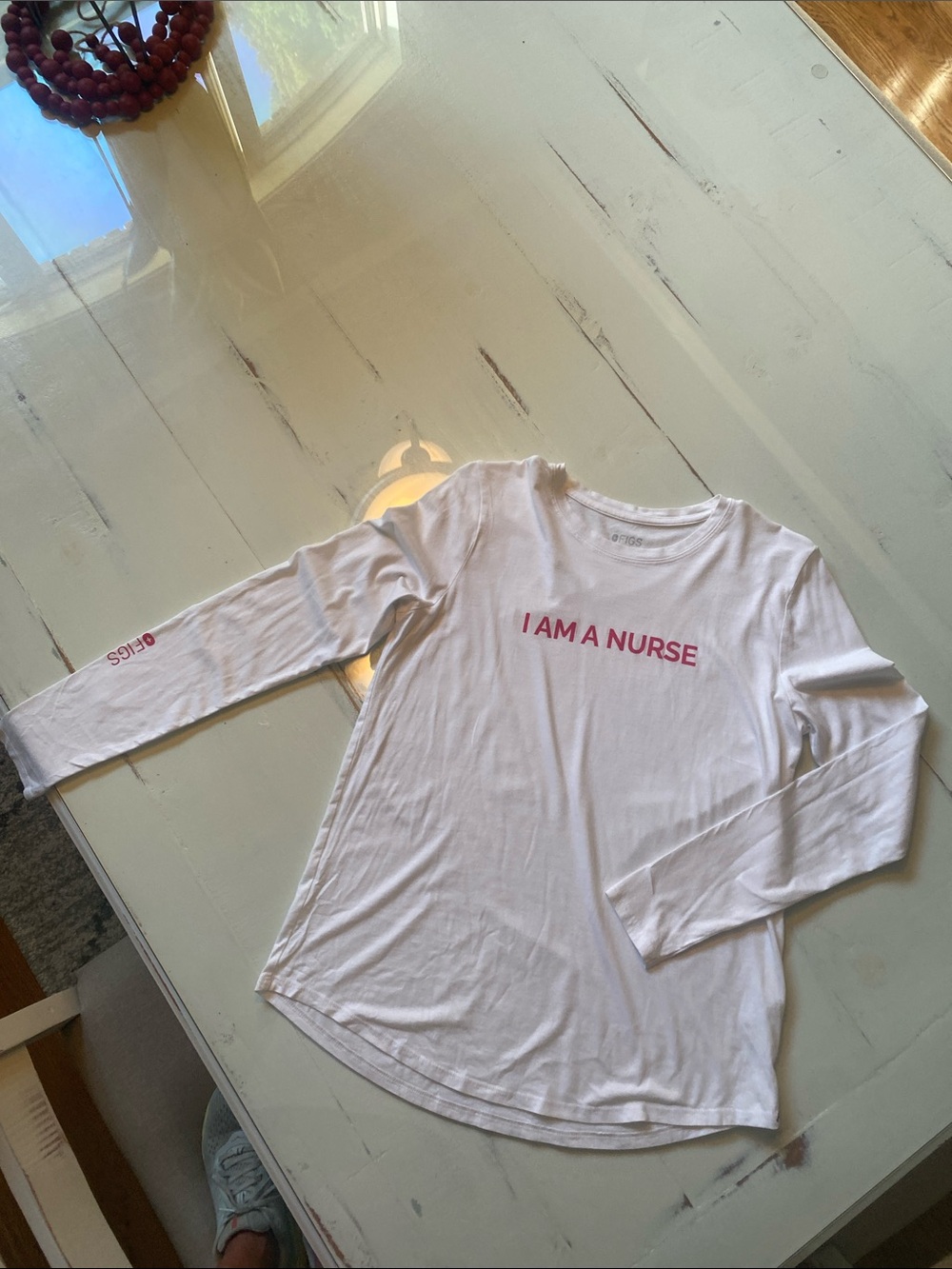 I AM A NURSE Long Sleeve Shirt White with Pink Text. Figs brand. size small-XXS